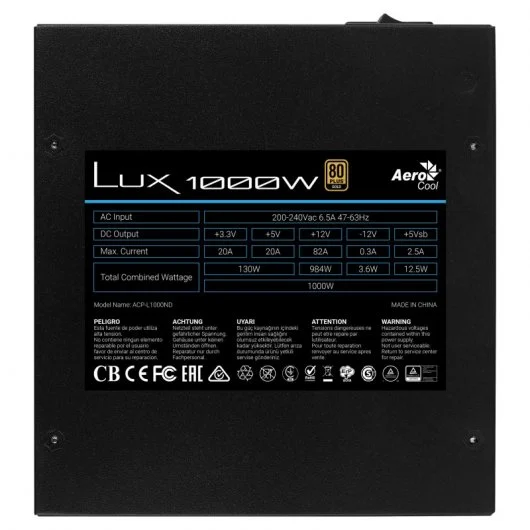 Fuente de alimentación AeroCool 1000W LUX 80+Gold